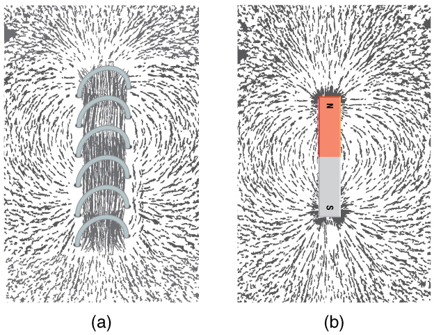Image of iron filings attracted to two iron bars.